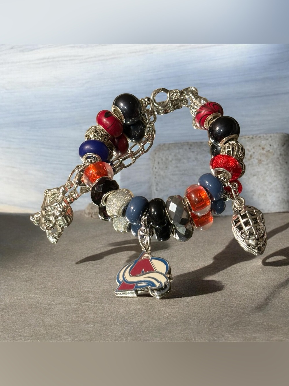 Multi-Bead Charm Bracelet in Red, Black & Blue